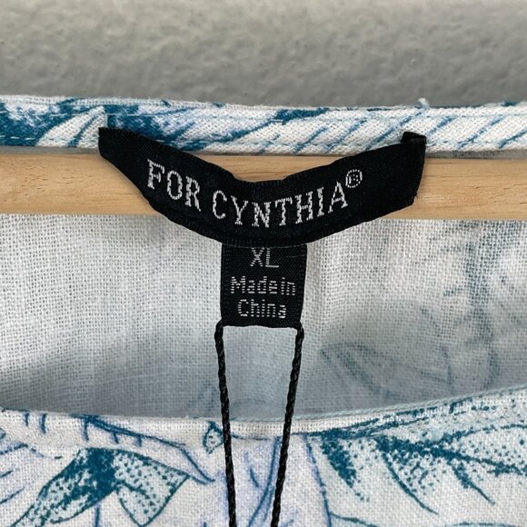 NEW For Cynthia Womens XL Tropical Linen Blend Poncho Tunic Top Blue White - Picture 5 of 8